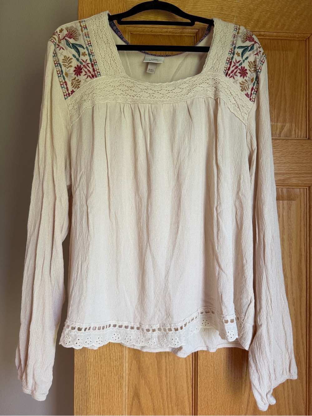 Knox Rose Cream Boho Embroidered Long Sleeve Blouse Square Neck XXL Boho